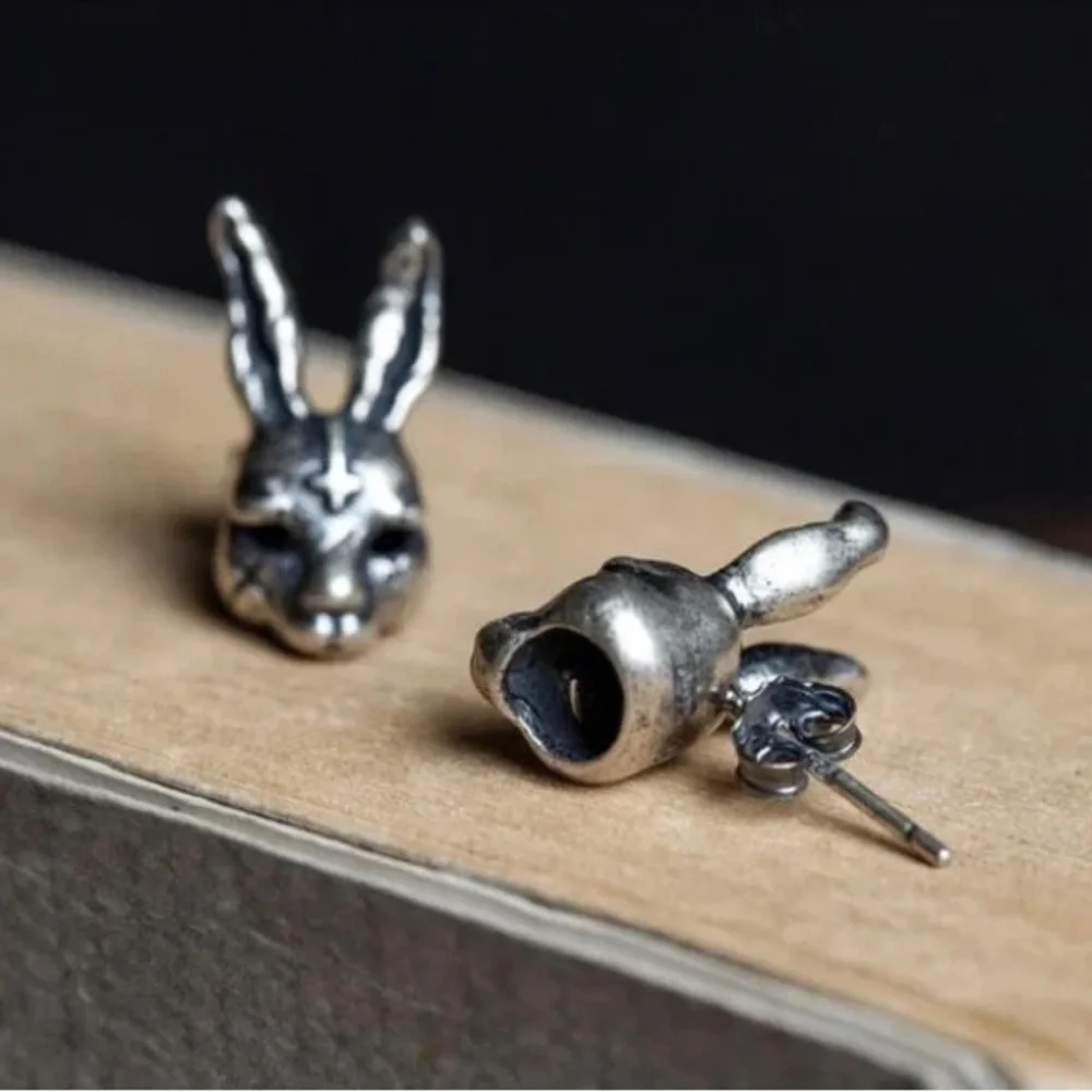 Single accent gothic style cross bunny stud earring S925 sterling silver retro